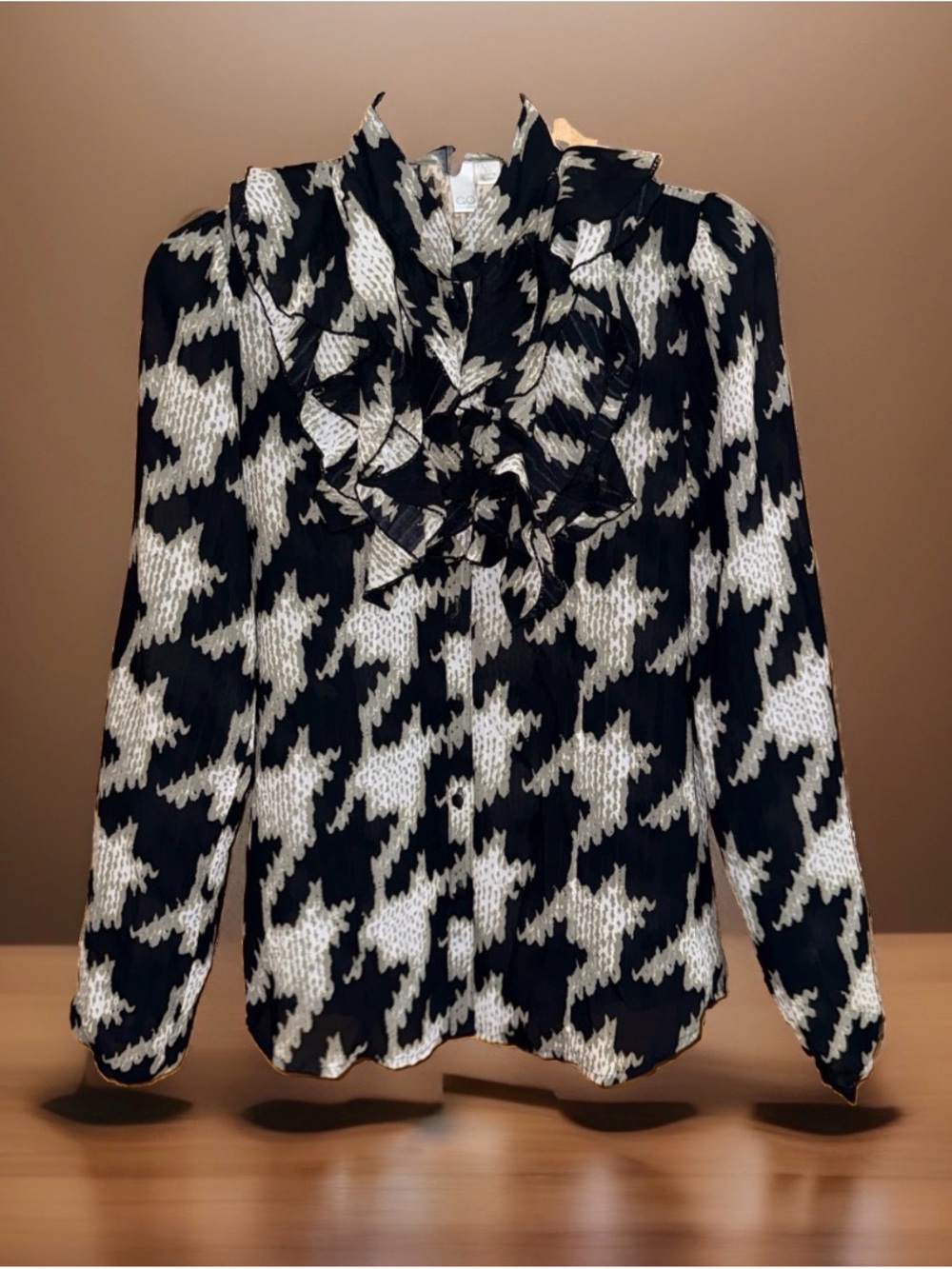 GO Int. Ruffle-Front Black and White Houndstooth Long Sleeve Blouse-XS-EC